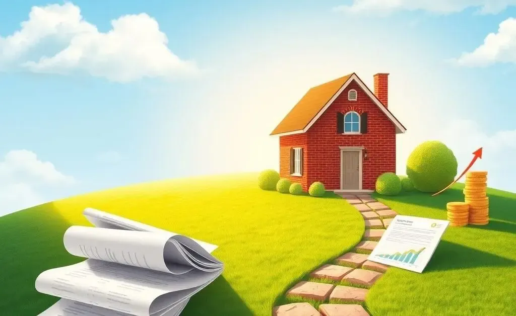 A path made of documents leading to a brick house representing career growth in mortgage loan origination.