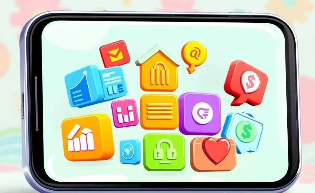 Cartoon-style illustration of a smartphone displaying various mobile banking apps.
