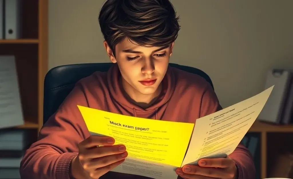 A mock exam paper with highlighted questions and a student reviewing answers thoughtfully.
