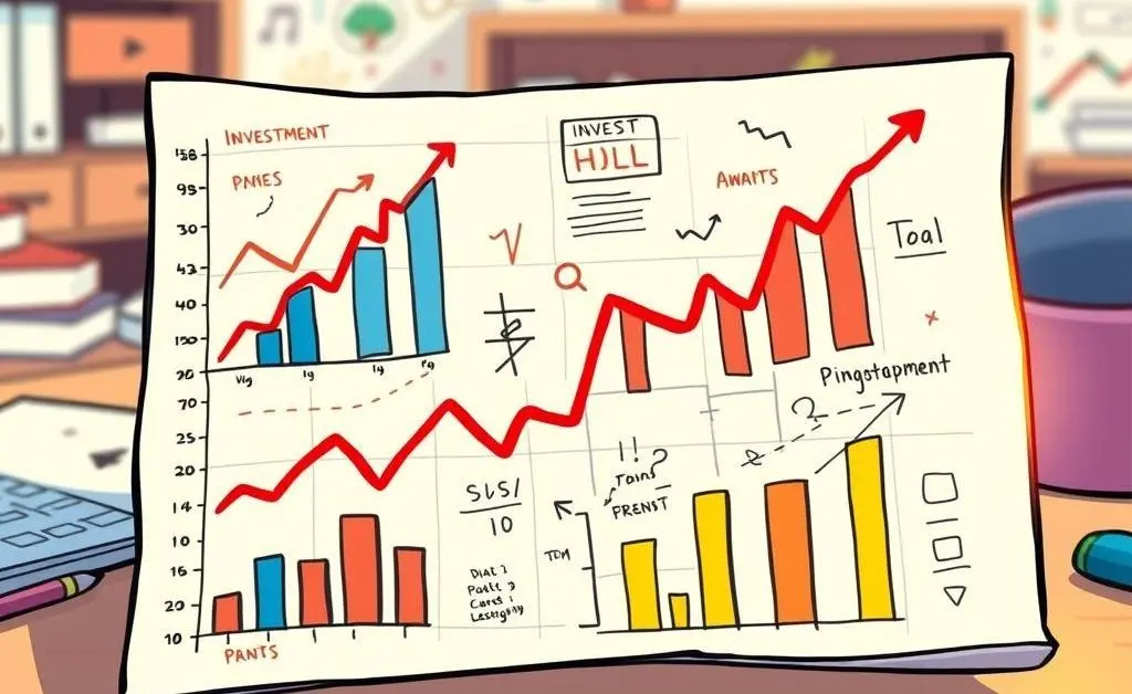 Colorful cartoon graph illustrations showing investment growth