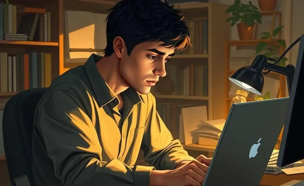 An illustration of a person thoughtfully working at a desk, reflecting on community moderation.