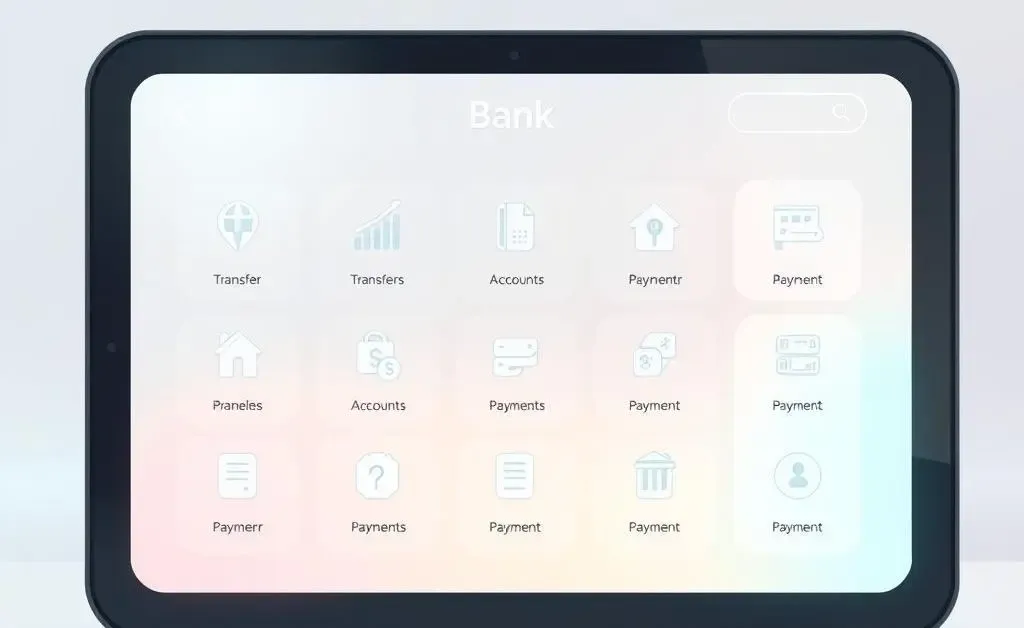 A minimalist image of a modern bank interface with digital elements and icons