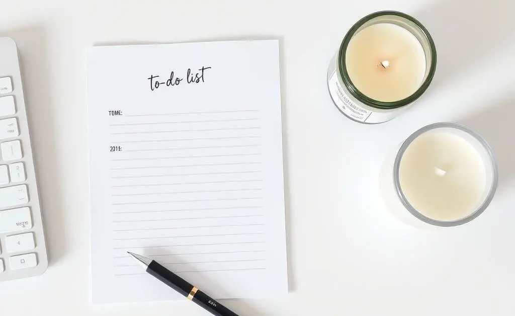 A minimalist desk with a to-do list, pen, and a calming candle