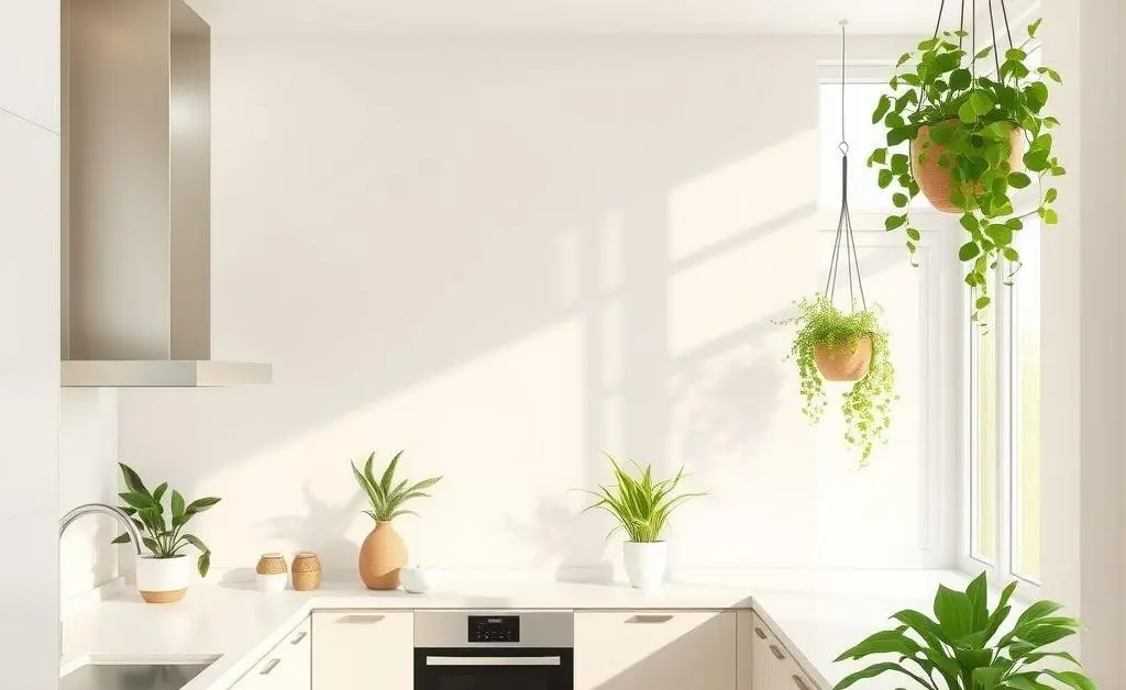 A modern kitchen oasis with minimalist design and greenery