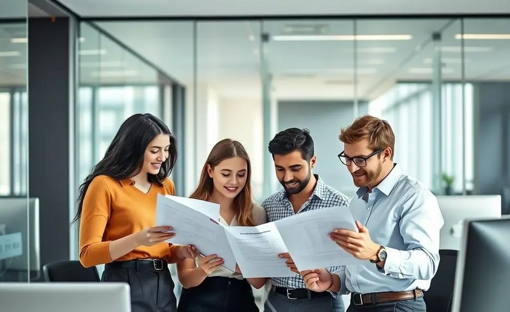 Team of young professionals reviewing insurance documents in a modern office