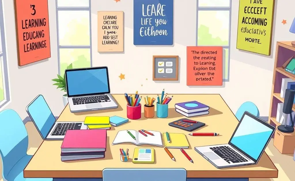 Cartoon image of a modern workspace with laptops.