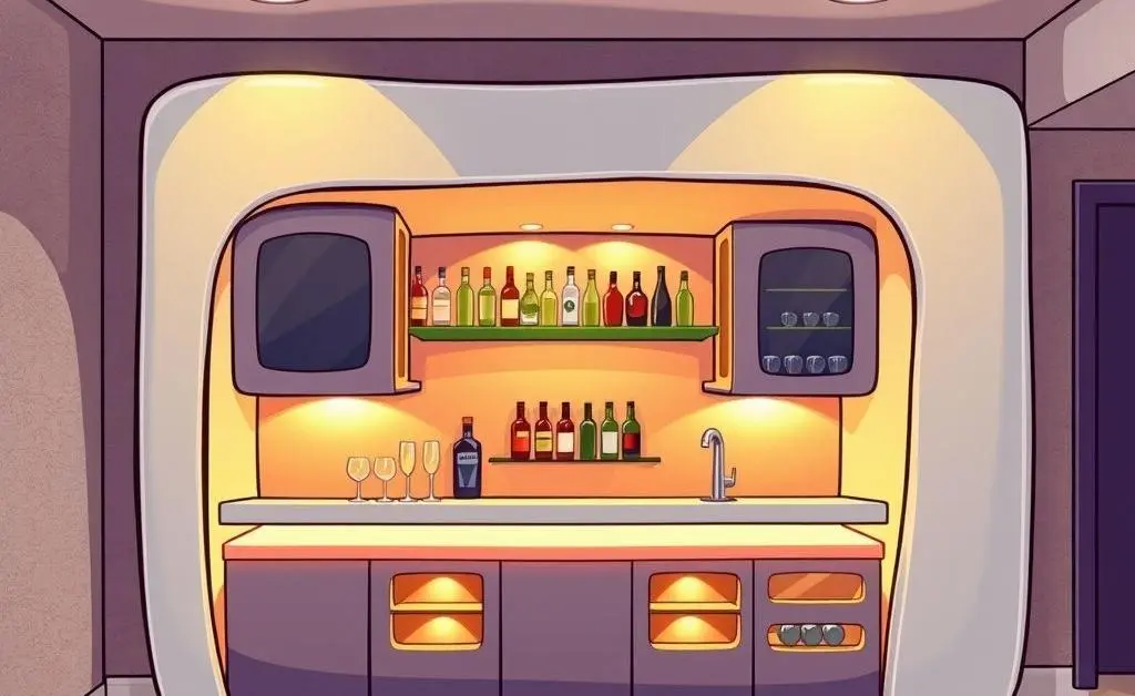 Cartoon-style image of a sleek, modular wet bar setup in a basement.