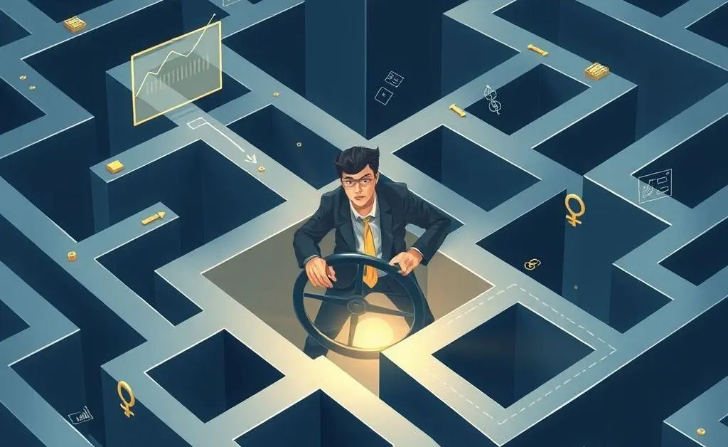 An illustration of a person navigating a maze, symbolizing the complexity of monetary policy.
