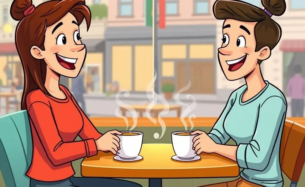 Two characters conversing about finances over coffee.