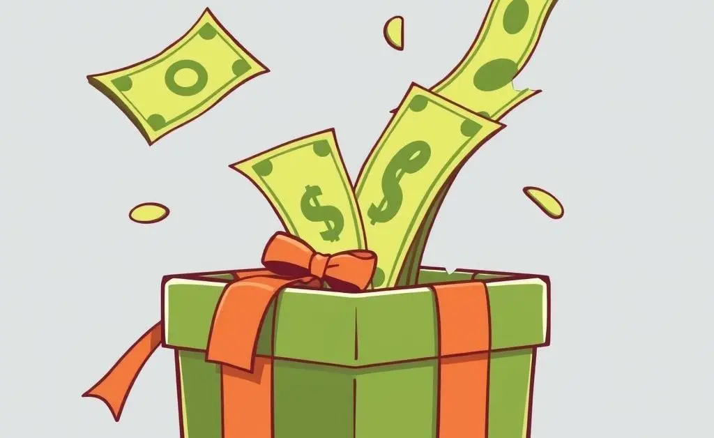 Cartoon illustration of money as a gift.