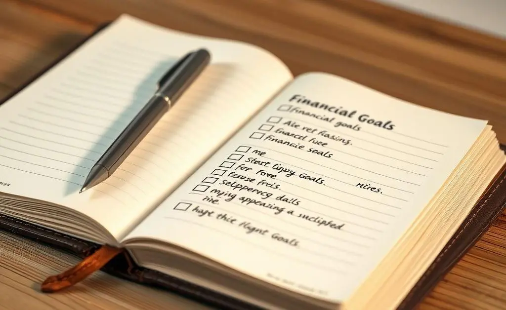 An open journal with a pen, showing a list of financial goals written neatly.