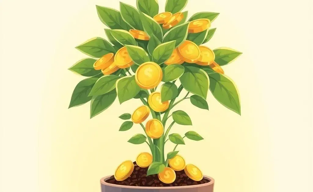 Illustration of a potted plant with coins as leaves, symbolizing growing money.