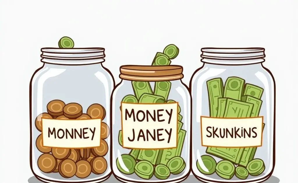 Cartoon-style image of money jars labeled for different expenses.