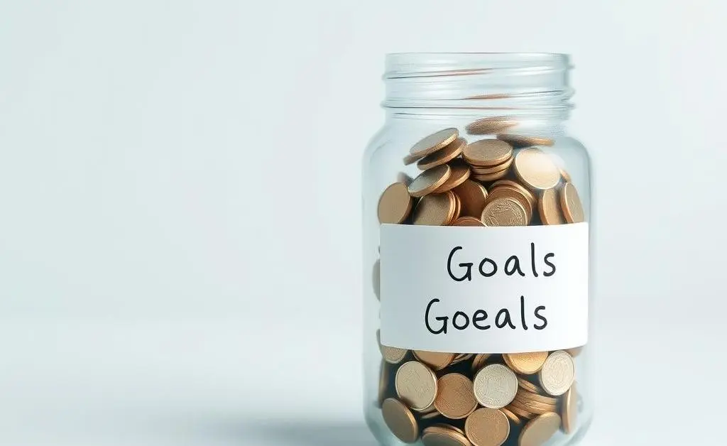 Jar filled with coins labeled with saving goals