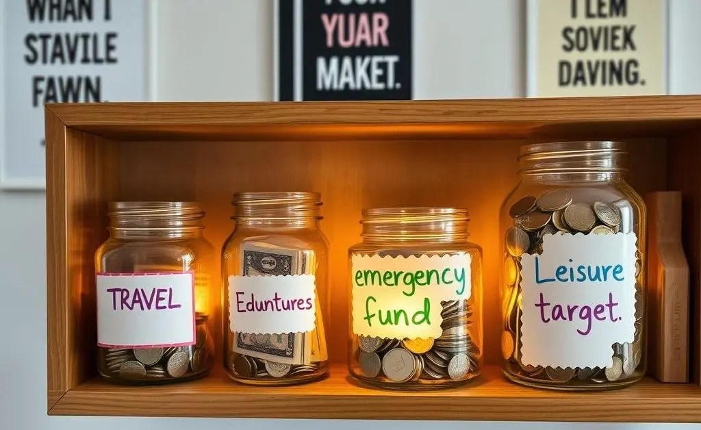 Shelf with jars labeled for savings goals