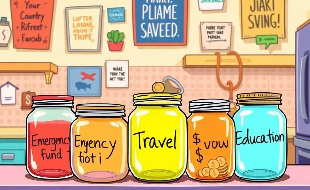 Several labeled jars for different savings goals like emergency fund and travel.