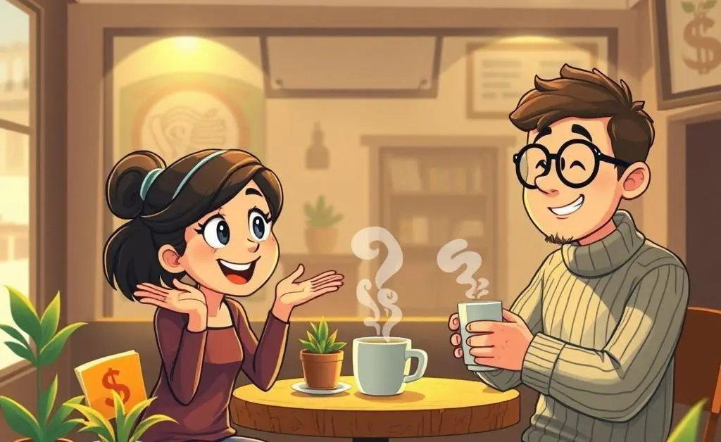 Friends discussing money management in a cozy cafe