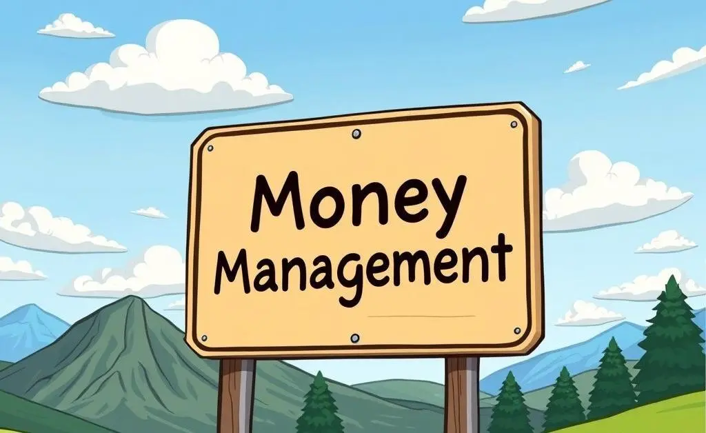 A cartoon-style roadside sign with the words 'Money Management' amidst scenic landscapes.