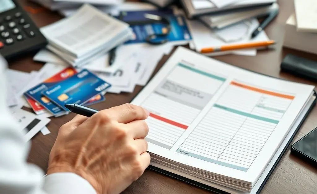 A person planning finances at a desk cluttered with reward card statements and a budget planner.