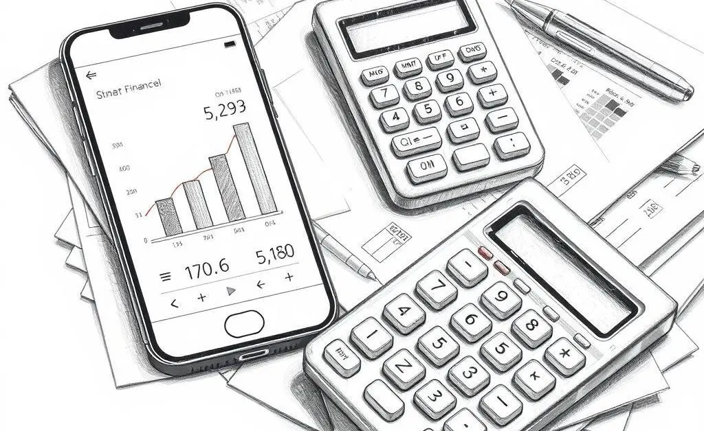 Hand-drawn image of a smartphone displaying a financial app and a calculator beside a stack of documents.