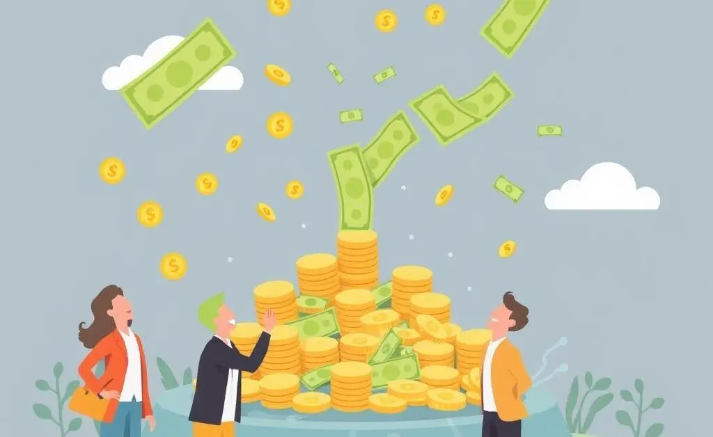 An illustration of money flowing into a market fund with happy investors