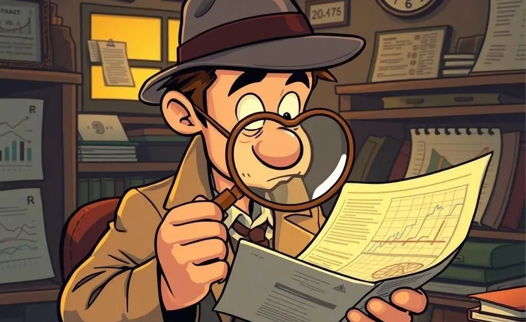 Cartoon detective solving financial mysteries