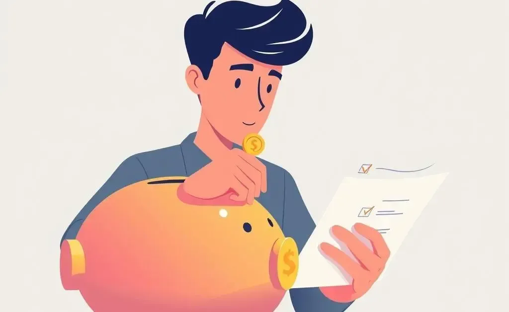 Someone placing coins into a piggy bank while checking a list.