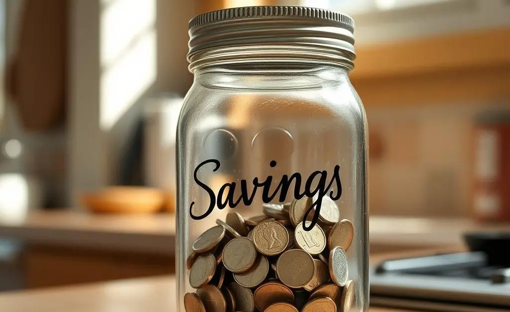 A mason jar labeled 'Savings' filled with coins on a kitchen counter
