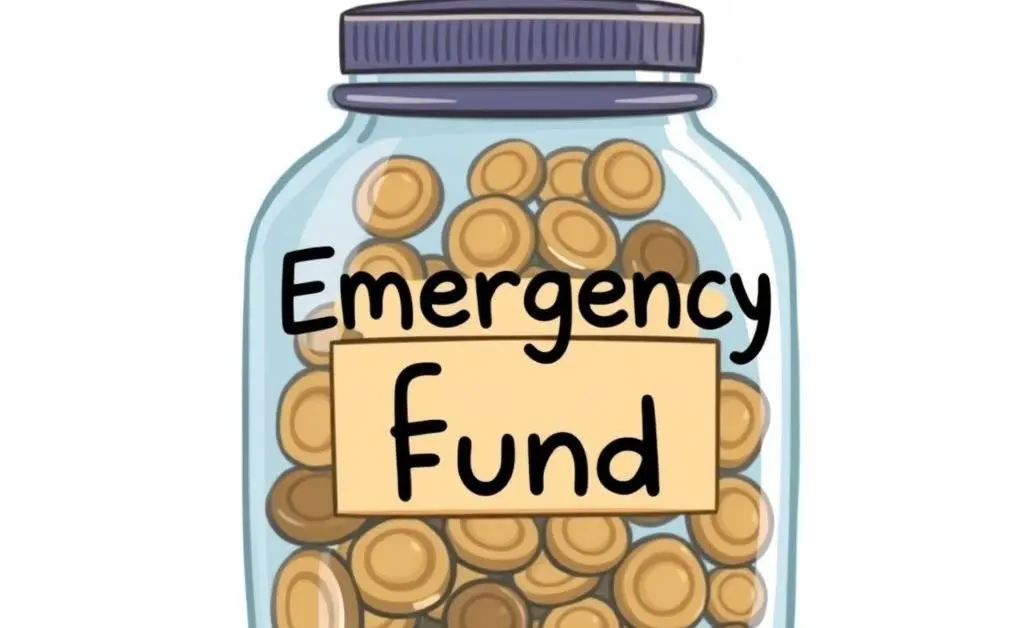 Jar filled with coins labeled 'Emergency Fund'.