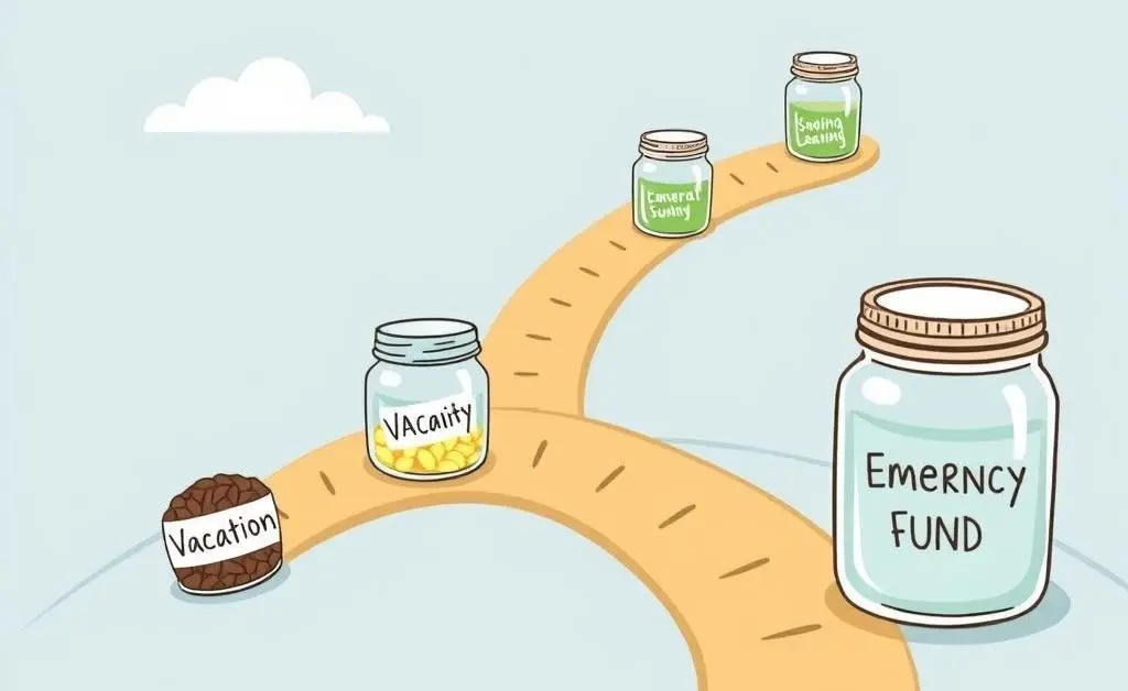 A path with various savings milestones represented by jars labeled with goals like 'Vacation' and 'Emergency Fund'.