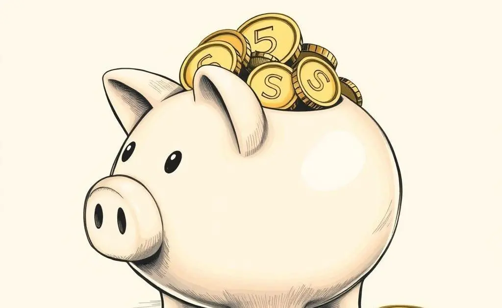 Hand-drawn image of a piggy bank with coins illustrating savings.