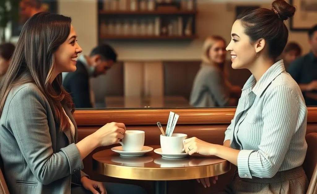 Two friends chatting about money over coffee at a small table in a cozy café