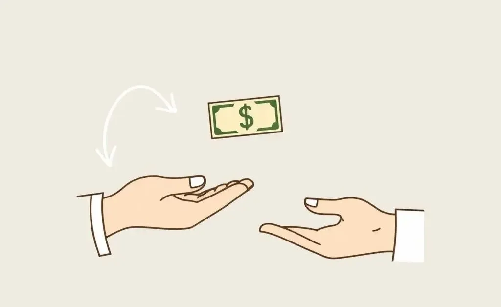 Simplified illustration of a money transaction with arrows indicating movement