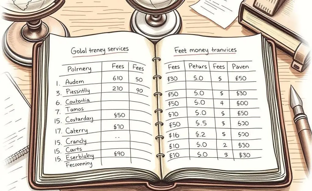 Hand-drawn illustration of a table comparing fees for different international money transfer services