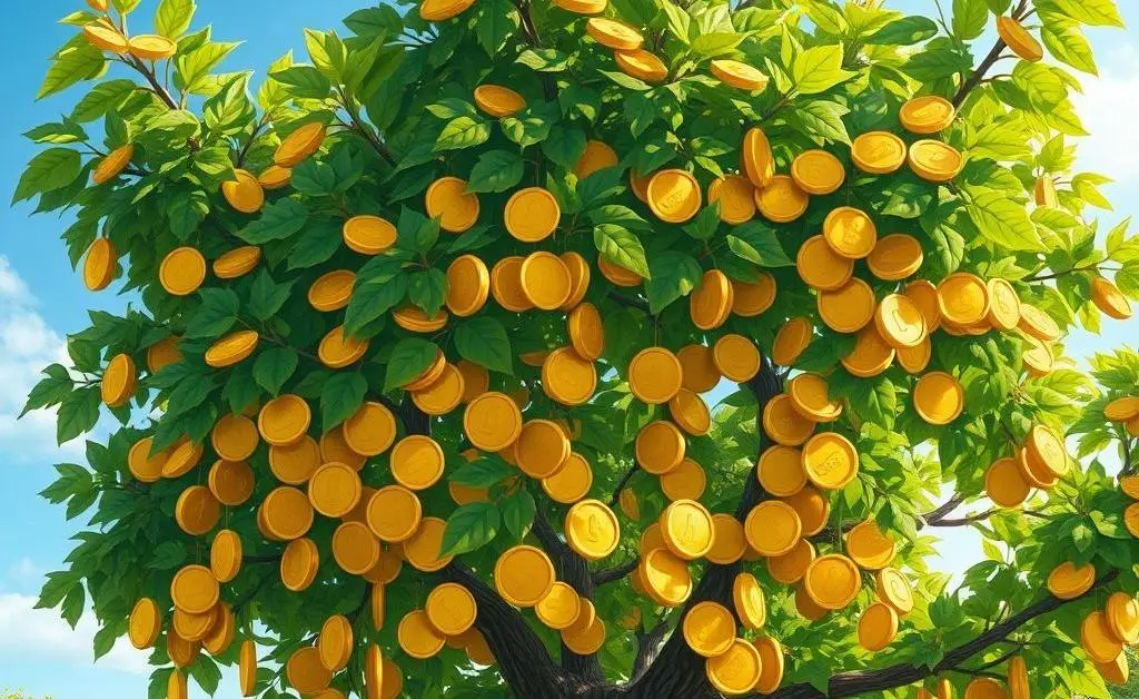 An illustration of a tree growing money, symbolizing passive income through dividends.