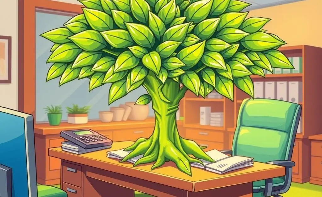 A cartoon style image of a money tree growing on a lender's desk