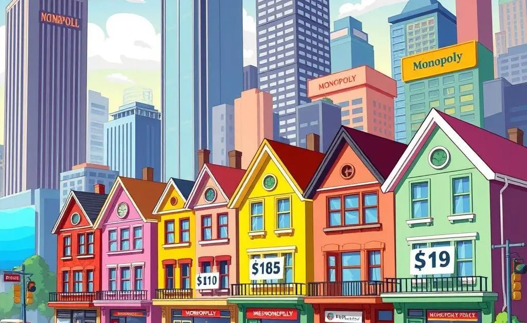 Cartoon-style image of Monopoly houses with differing price tags in a bustling city environment.