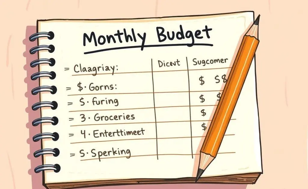 A cartoon-style image of a monthly budget plan on a notepad with a pencil.