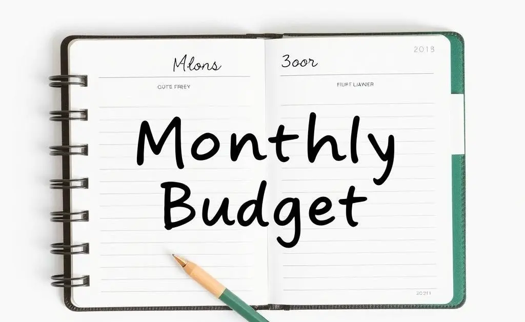 A minimalist image showing a planner with 'Monthly Budget' written on top, accompanied by writing tools.