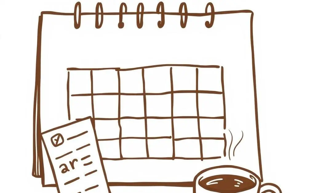 A hand-drawn image of a calendar with budget notes, coins, and a coffee cup.