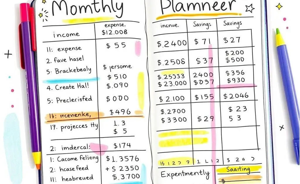 Hand-drawn image of a colorful monthly budget planner page with notes and calculations.