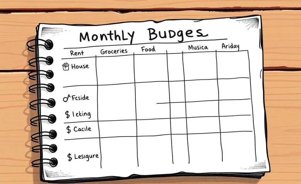 A monthly budget planner with categorized sections.