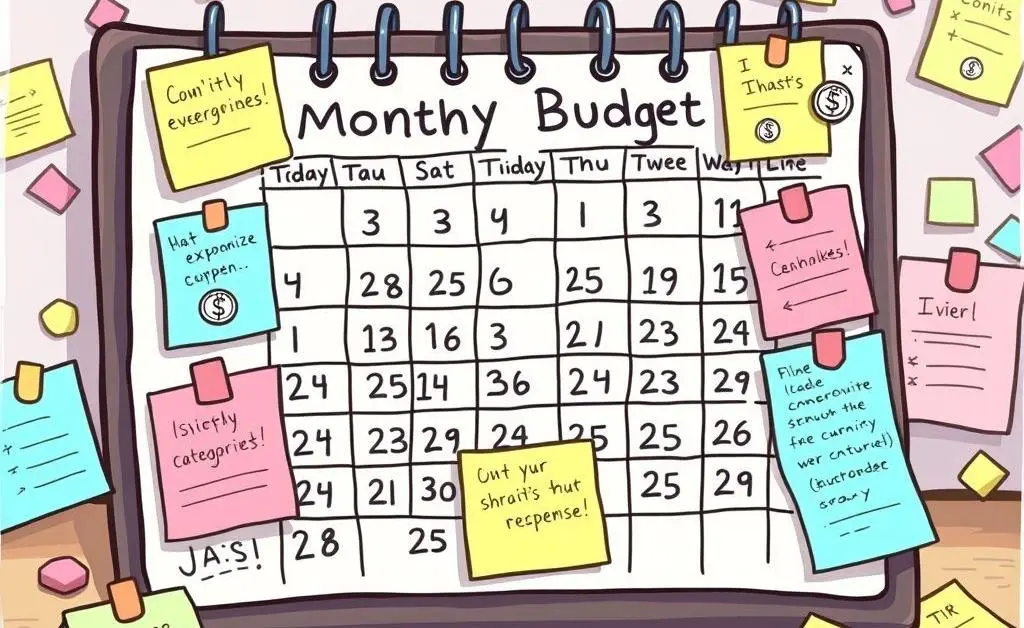 Cartoon-style calendar with a budget plan.