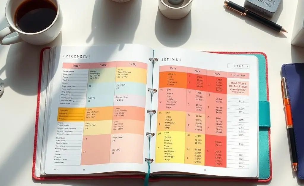An organized desk with monthly expenses laid out in a colorful planner