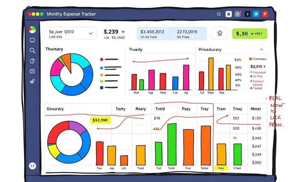Monthly spending tracker with colorful charts and notes