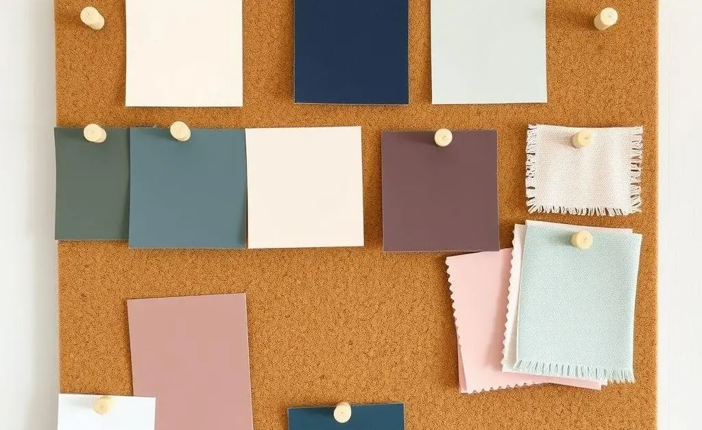 Moodboard with paint swatches and fabric samples.