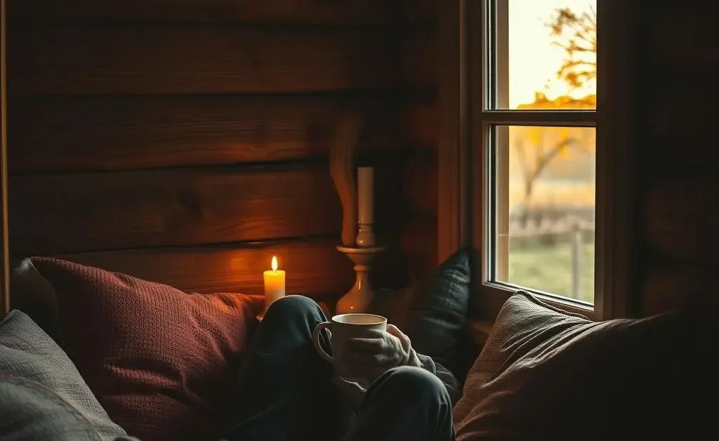 A person sitting in a cozy nook, enjoying a quiet moment with a cup of coffee.
