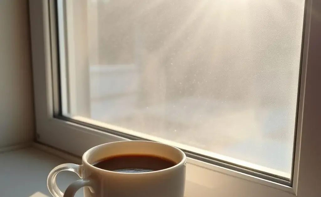 A cozy morning scene with a cup of coffee next to a window drenched in sunlight.