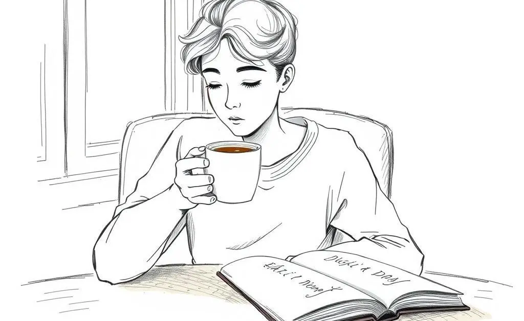 A hand-drawn illustration of someone enjoying a morning coffee while reading a journal