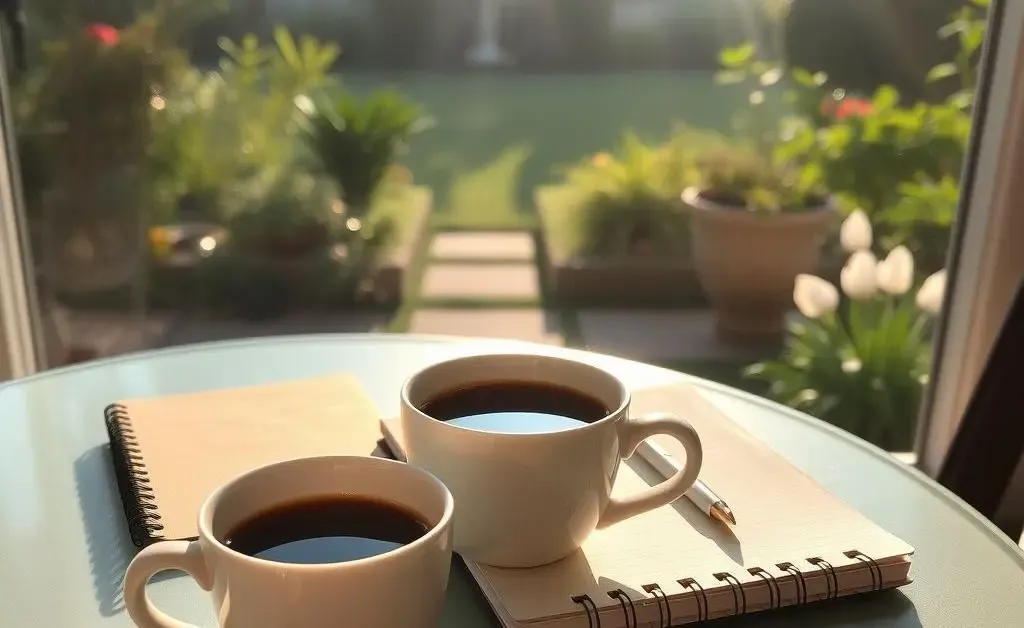A cup of coffee on a table bathed in morning light, with a notebook and a peaceful garden view beyond
